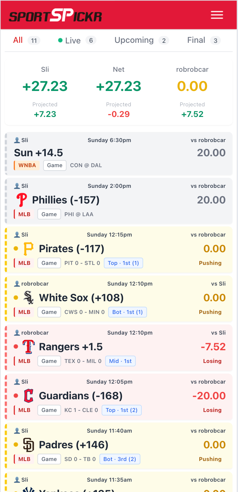 The live scoreboard on a phone: every pick in the league, winning, pushing or losing as the games play
